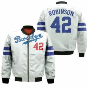 Brooklyn Dodgers Jackie Robinson 42 Mlb White Jersey Inspired Style Bomber Jacket Model 574